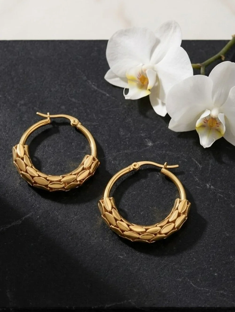 Textured Mesh Hoop Earrings 18K Gold Plated Stainless Steel Non-Tarnish Chunky